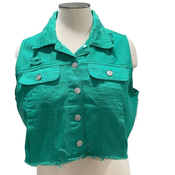 Highway Jeans Green Vest 3XL Distressed Denim Sleeveless Button Front Raw Hem - Picture 3 of 13